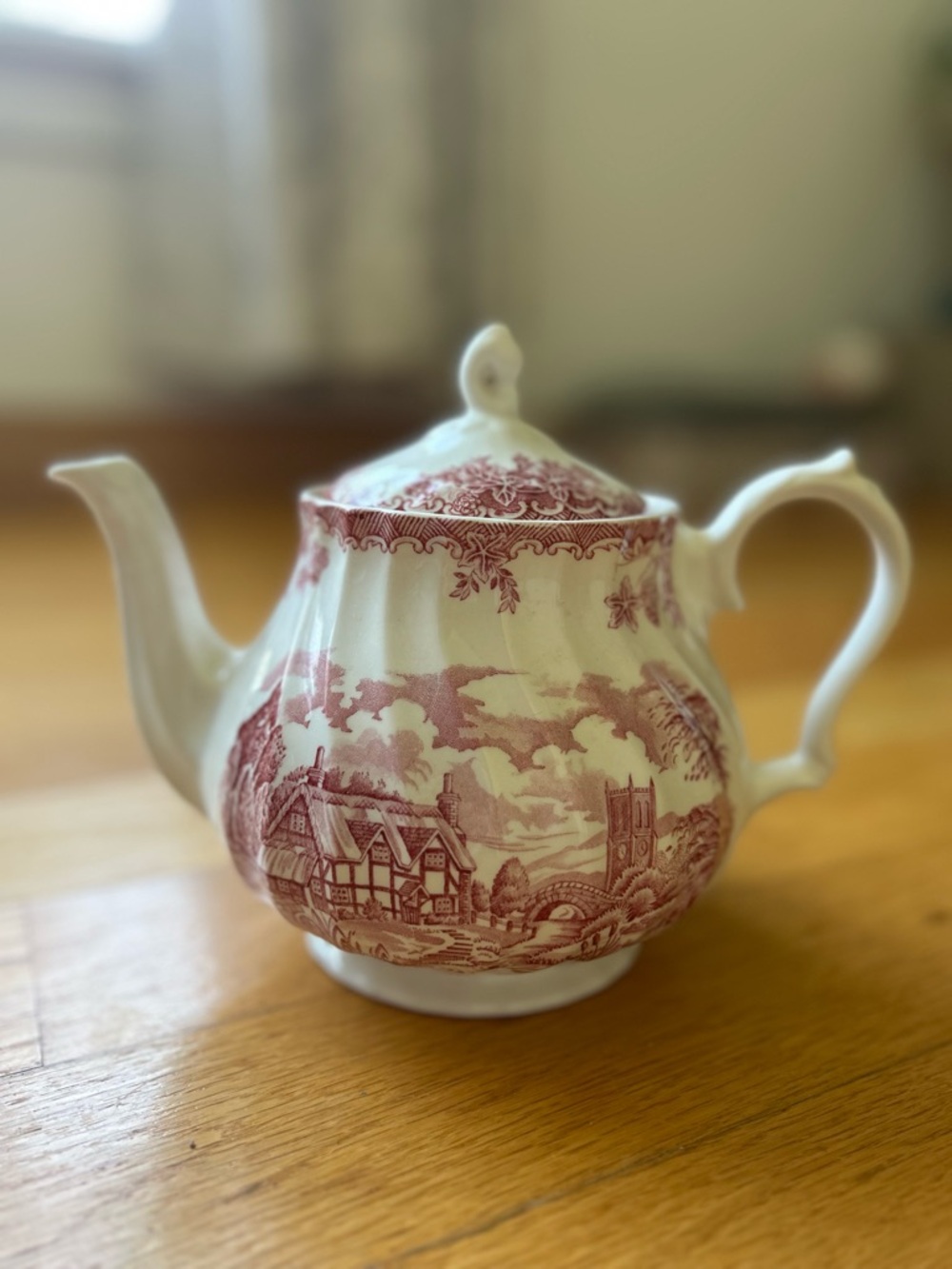 Red and White Scenic Ceramic Teapot - Classic Transferware Style